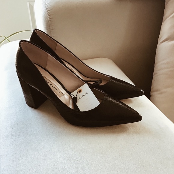 Snakeskin Patent Genuine Leather Block Heel Pumps - Picture 6 of 8